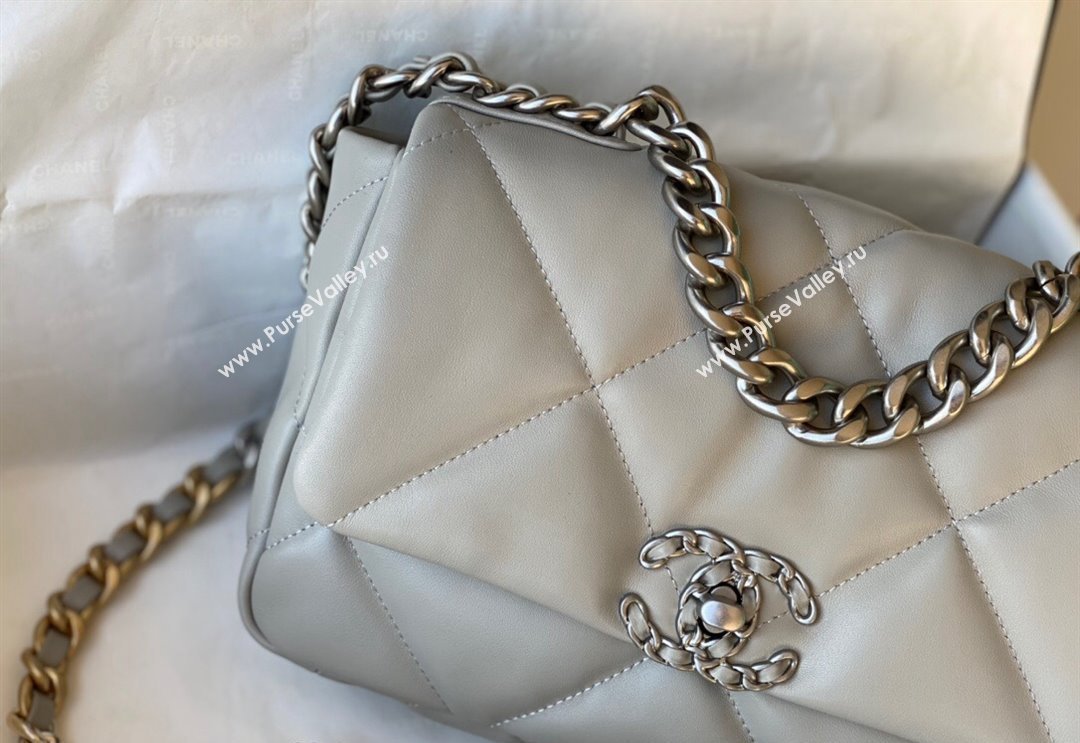 Chanel 19 Shiny Lambskin Small Flap Bag AS1160 Light Grey 2024 (sm-240311052)