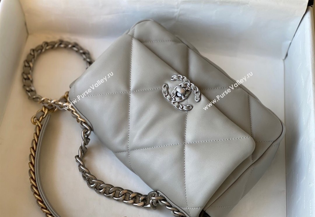 Chanel 19 Shiny Lambskin Small Flap Bag AS1160 Light Grey 2024 (sm-240311052)