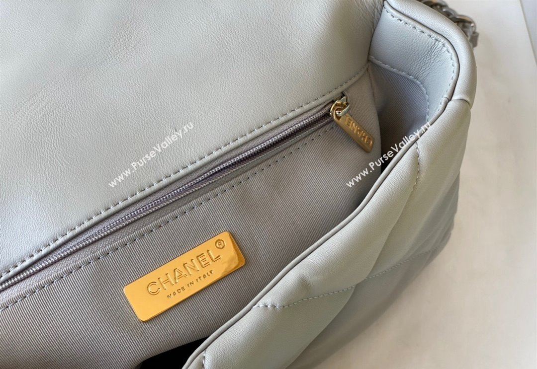 Chanel 19 Shiny Lambskin Small Flap Bag AS1160 Light Grey 2024 (sm-240311052)