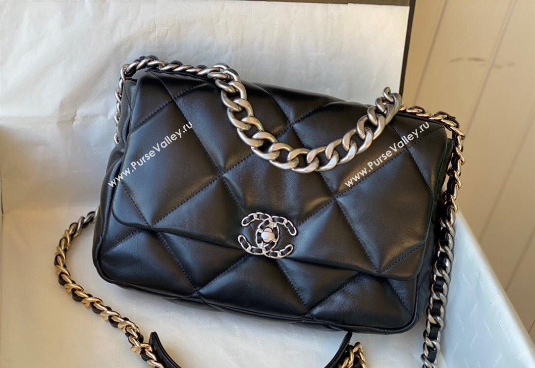Chanel 19 Shiny Lambskin Large Flap Bag AS1161 Black/Silver 2024 (sm-240311055)