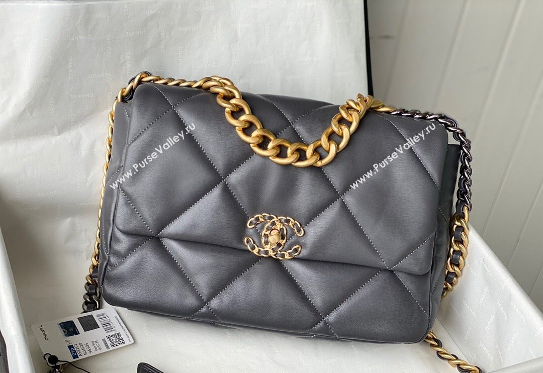 Chanel 19 Shiny Lambskin Large Flap Bag AS1161 Dark Grey 2024 (sm-240311066)