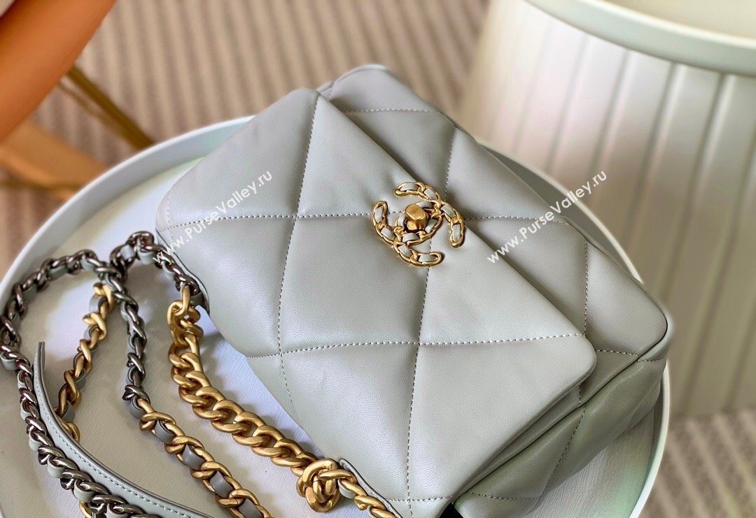 Chanel 19 Shiny Lambskin Small Flap Bag AS1160 Light Grey 2024 (sm-240311069)