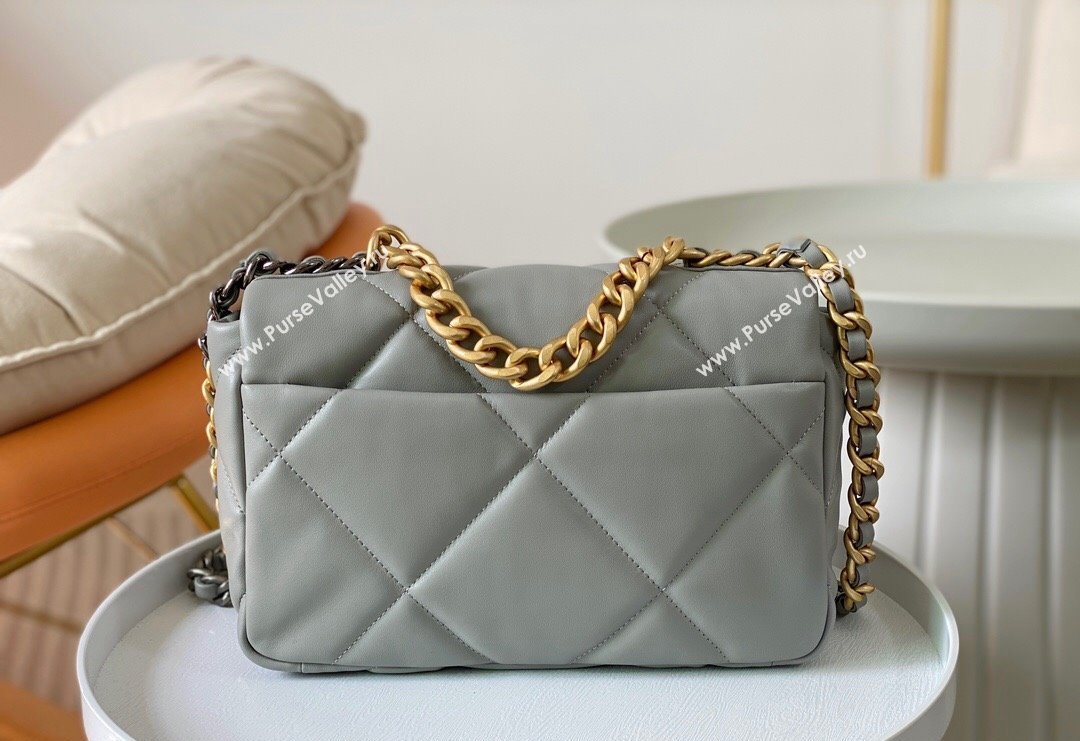 Chanel 19 Shiny Lambskin Small Flap Bag AS1160 Light Grey 2024 (sm-240311069)
