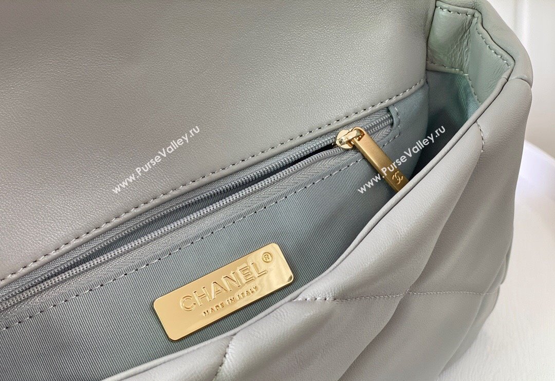 Chanel 19 Shiny Lambskin Small Flap Bag AS1160 Light Grey 2024 (sm-240311069)