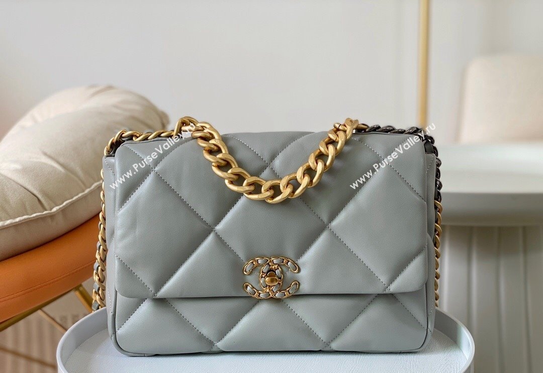 Chanel 19 Shiny Lambskin Large Flap Bag AS1161 Light Grey 2024 (sm-240311070)