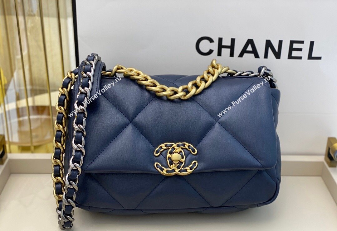 Chanel 19 Shiny Lambskin Small Flap Bag AS1160 Dark Blue 2024 (sm-240311074)