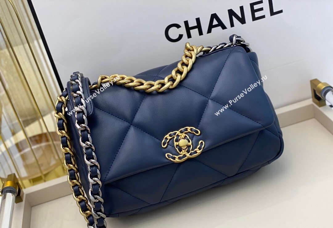 Chanel 19 Shiny Lambskin Small Flap Bag AS1160 Dark Blue 2024 (sm-240311074)