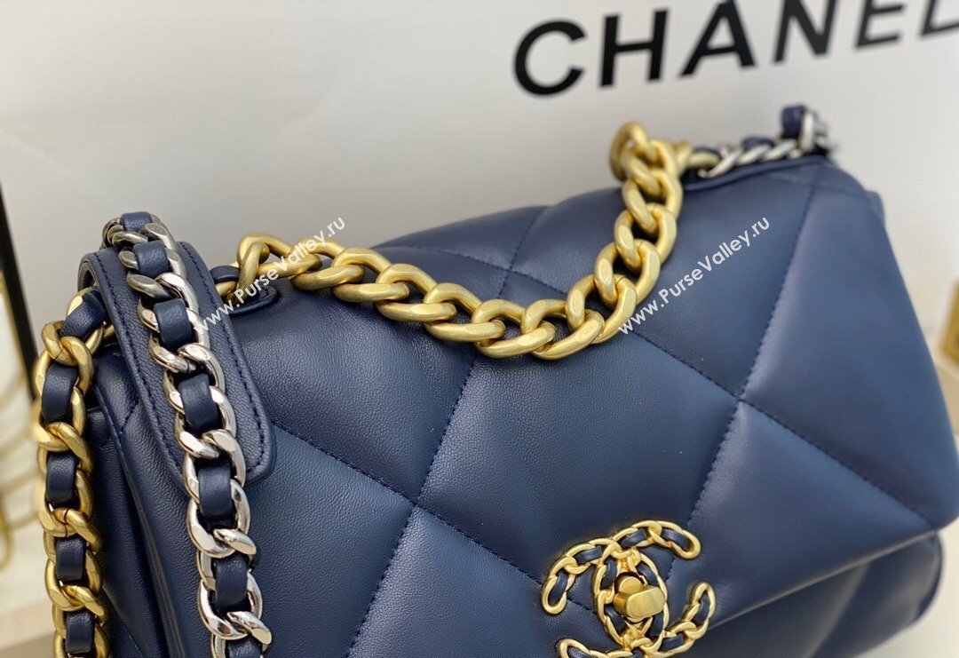 Chanel 19 Shiny Lambskin Small Flap Bag AS1160 Dark Blue 2024 (sm-240311074)