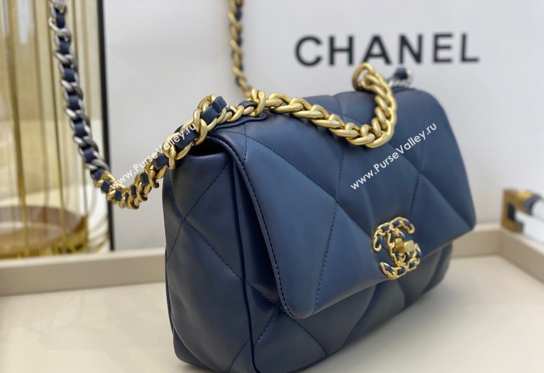 Chanel 19 Shiny Lambskin Small Flap Bag AS1160 Dark Blue 2024 (sm-240311074)