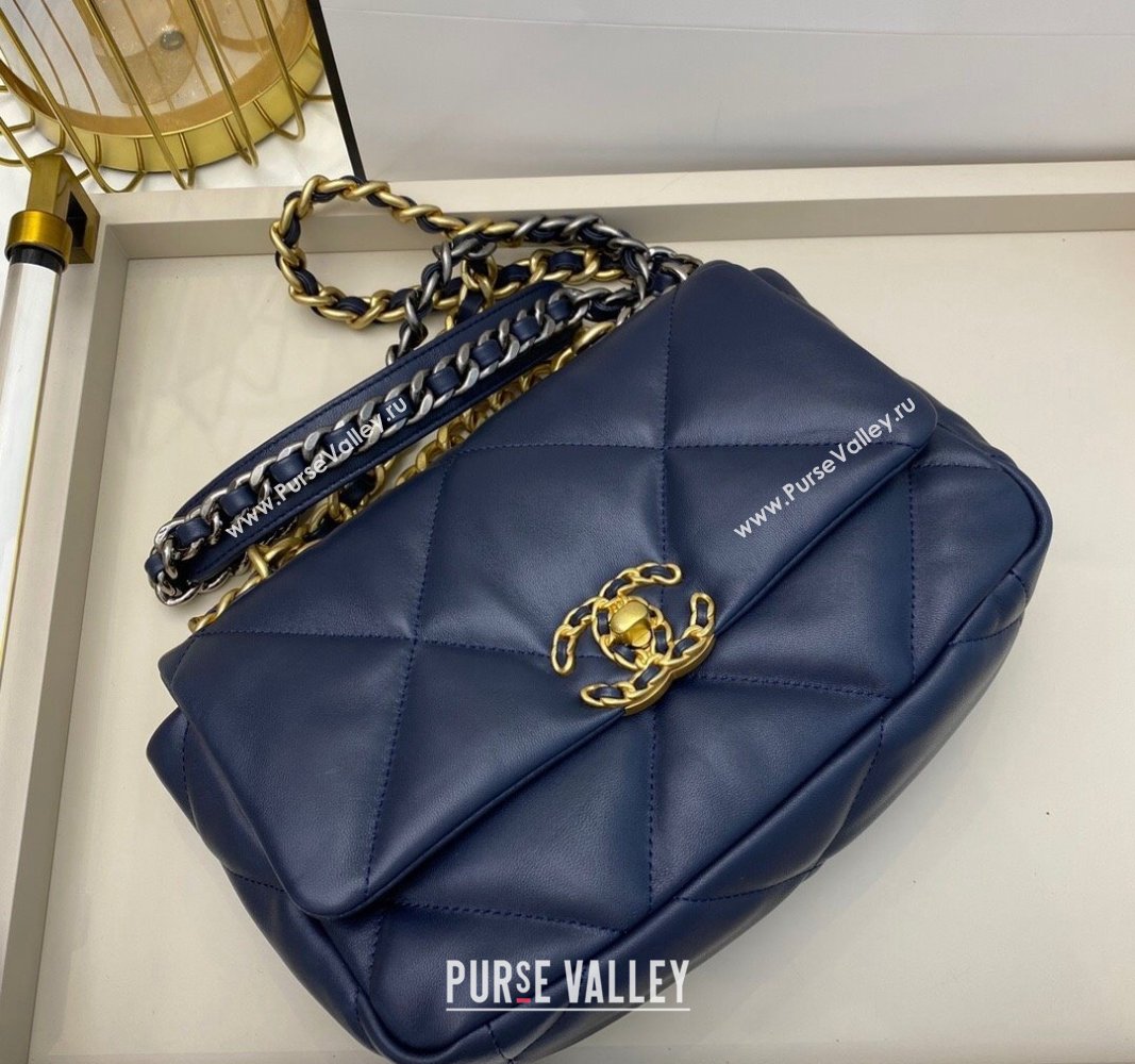 Chanel 19 Shiny Lambskin Small Flap Bag AS1160 Dark Blue 2024 (sm-240311074)