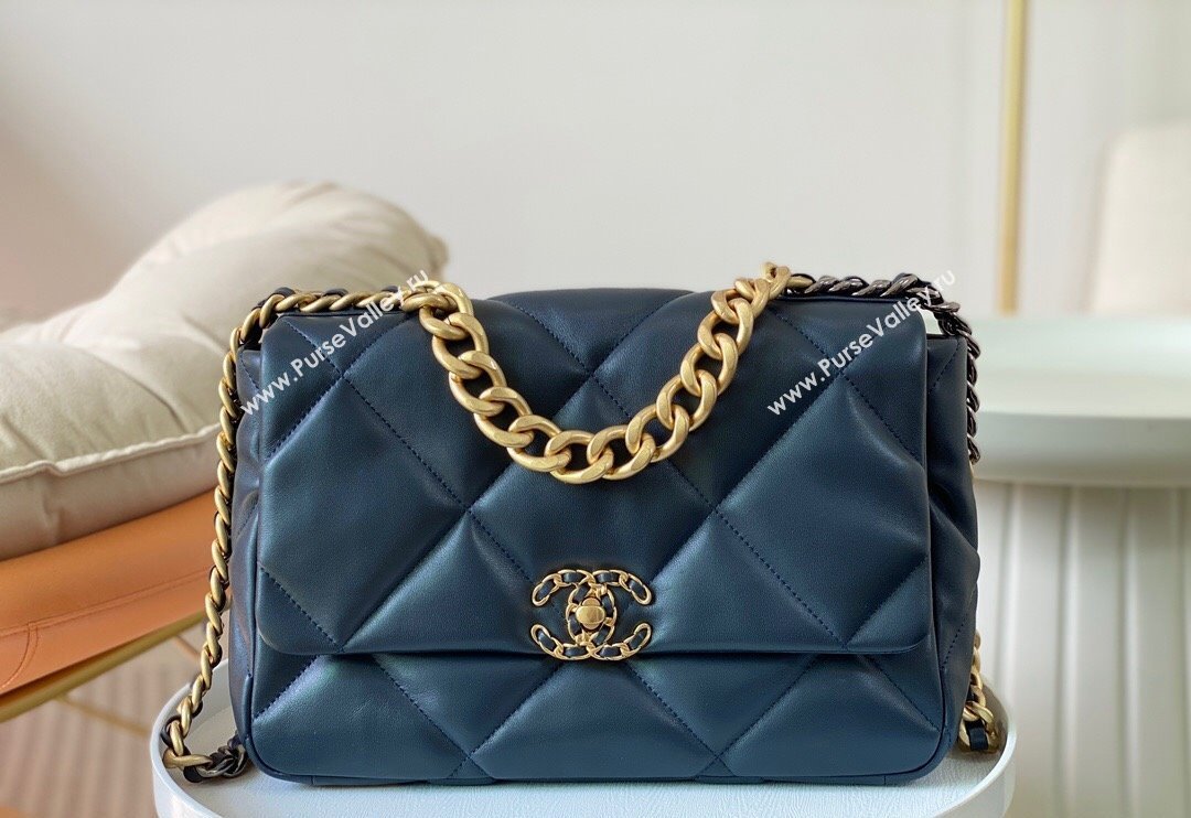 Chanel 19 Shiny Lambskin Large Flap Bag AS1161 Dark Blue 2024 (sm-240311075)