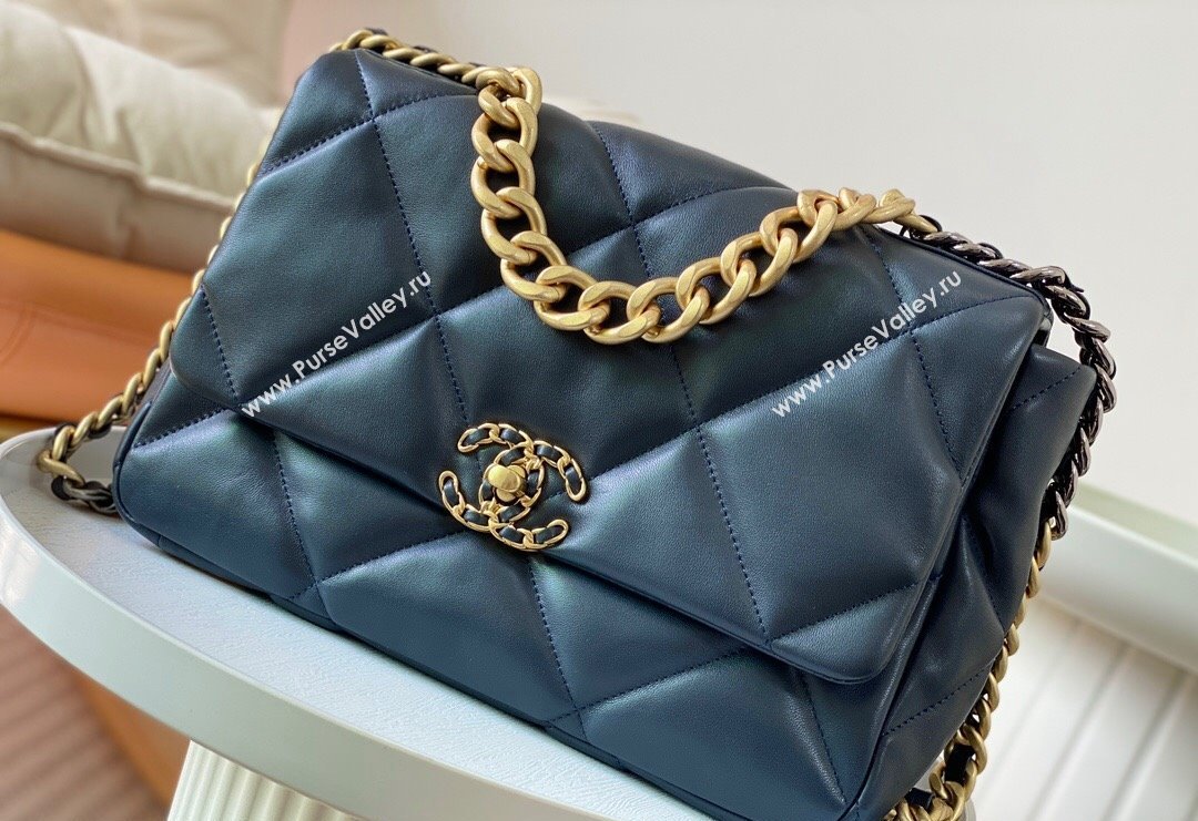 Chanel 19 Shiny Lambskin Large Flap Bag AS1161 Dark Blue 2024 (sm-240311075)