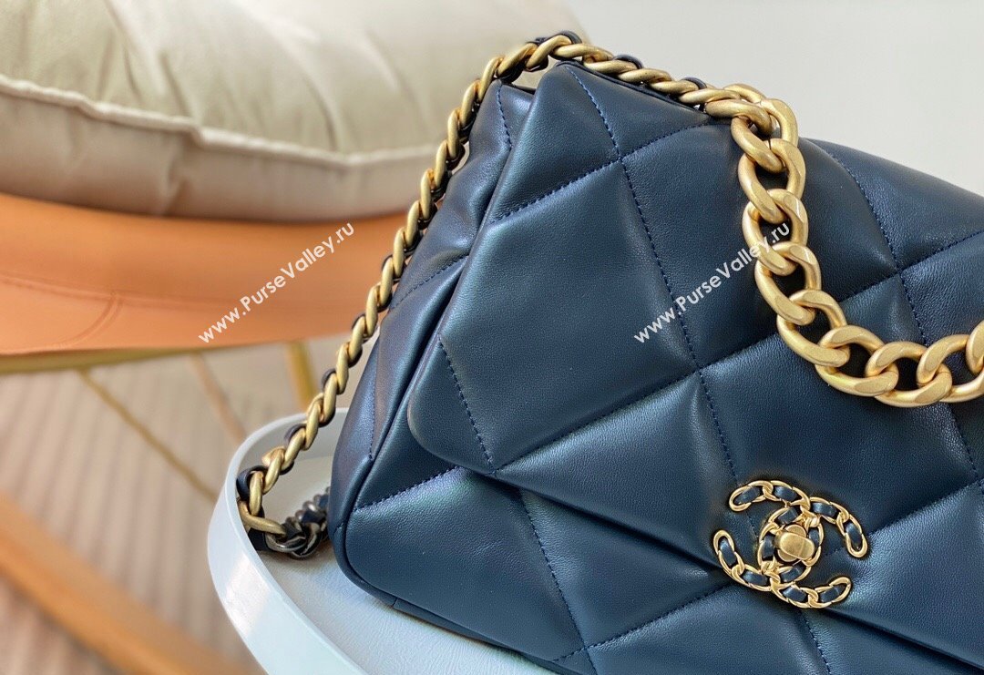 Chanel 19 Shiny Lambskin Large Flap Bag AS1161 Dark Blue 2024 (sm-240311075)