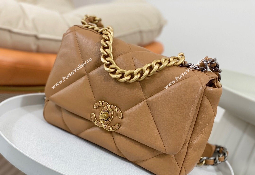 Chanel 19 Shiny Lambskin Small Flap Bag AS1160 Caramel Brown 2024 (sm-240311077)