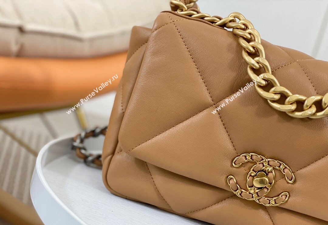 Chanel 19 Shiny Lambskin Small Flap Bag AS1160 Caramel Brown 2024 (sm-240311077)