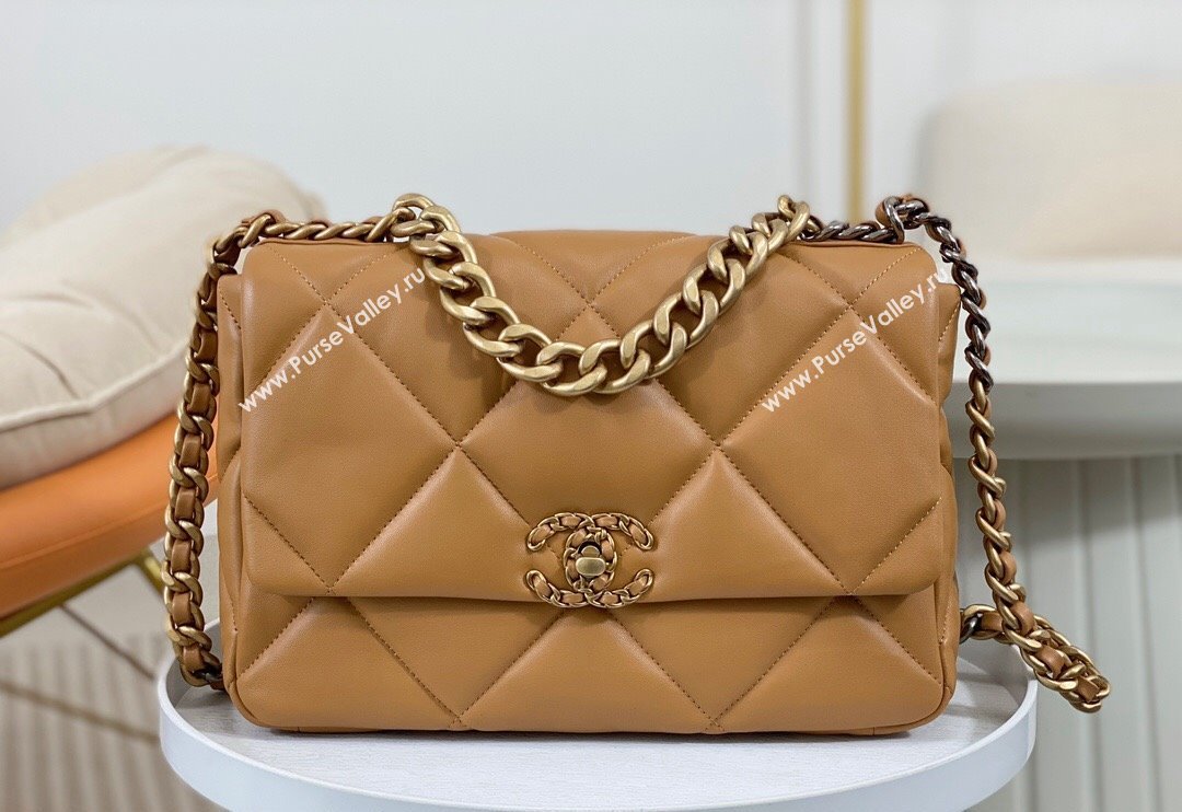 Chanel 19 Shiny Lambskin Large Flap Bag AS1161 Caramel Brown 2024 (sm-240311078)