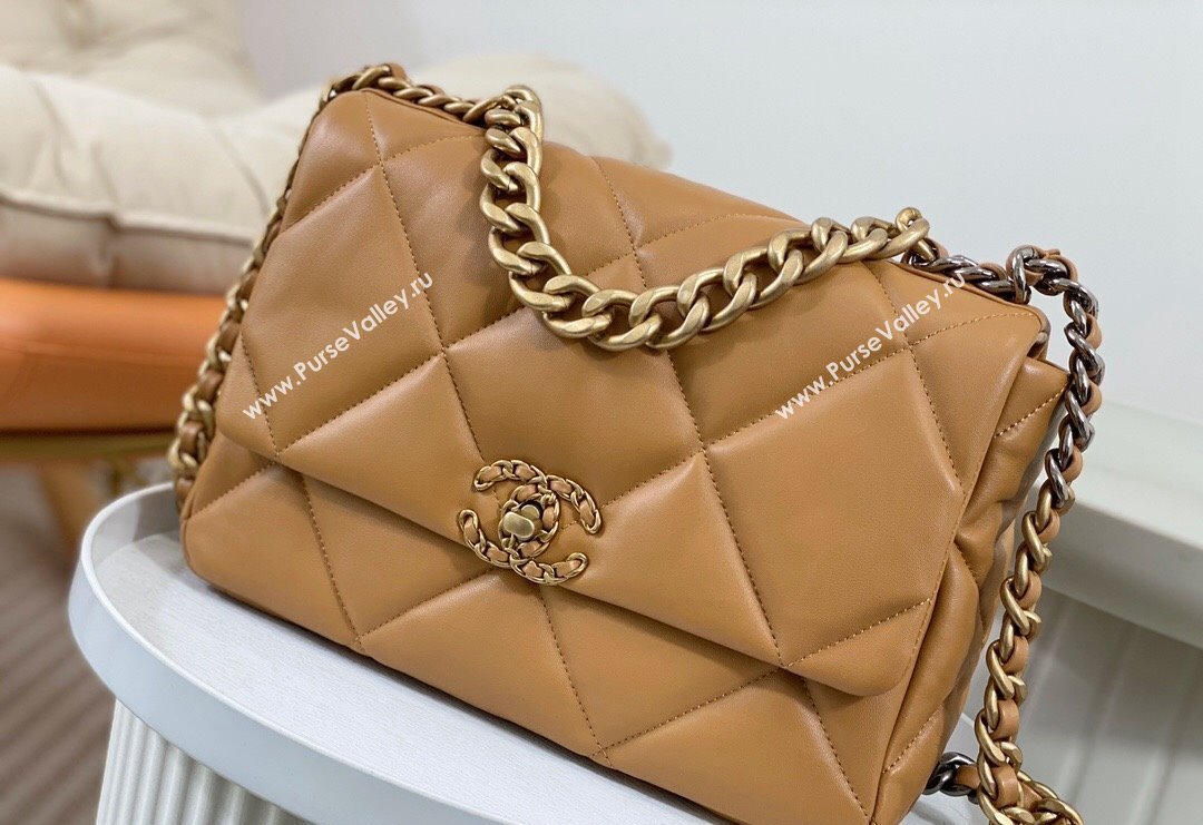 Chanel 19 Shiny Lambskin Large Flap Bag AS1161 Caramel Brown 2024 (sm-240311078)