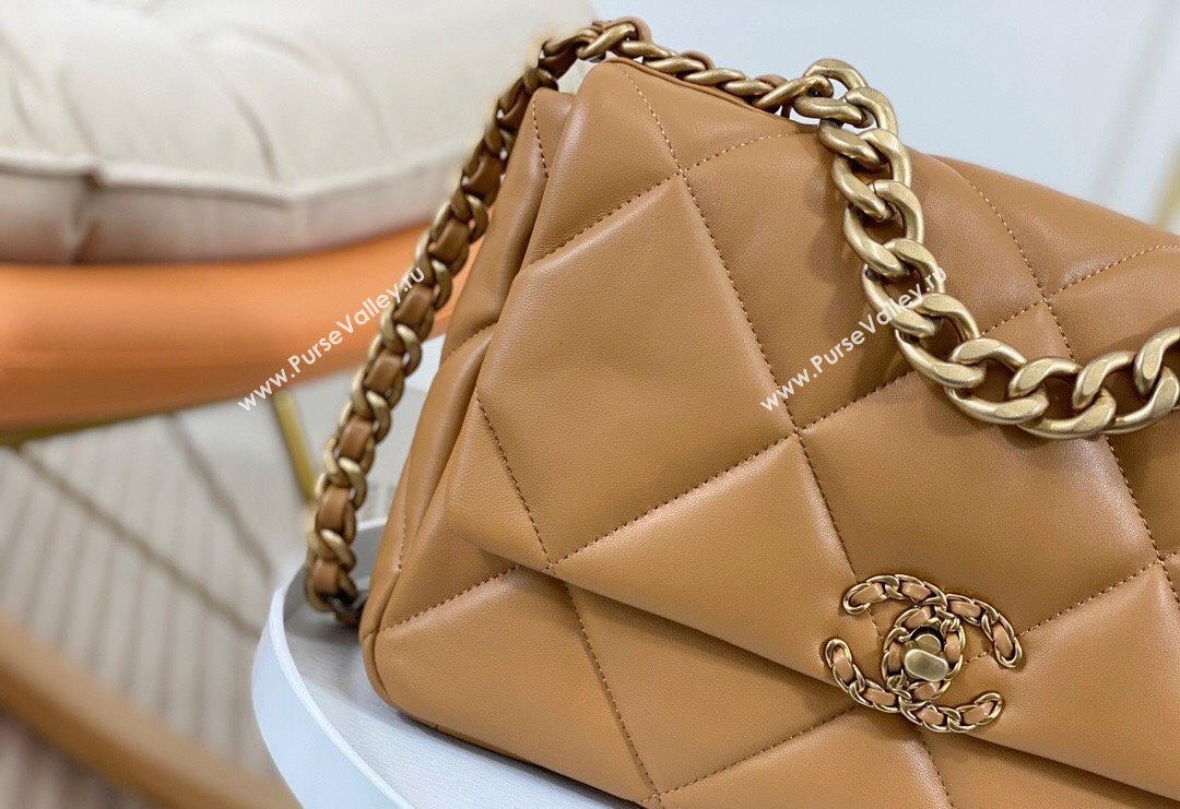 Chanel 19 Shiny Lambskin Large Flap Bag AS1161 Caramel Brown 2024 (sm-240311078)