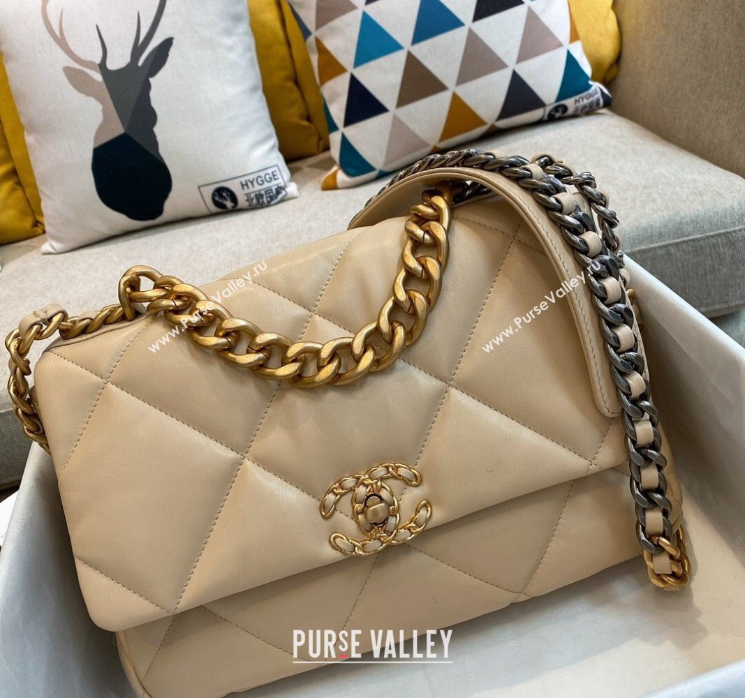 Chanel 19 Shiny Lambskin Large Flap Bag AS1161 Beige/Gold 2024 (sm-240311081)
