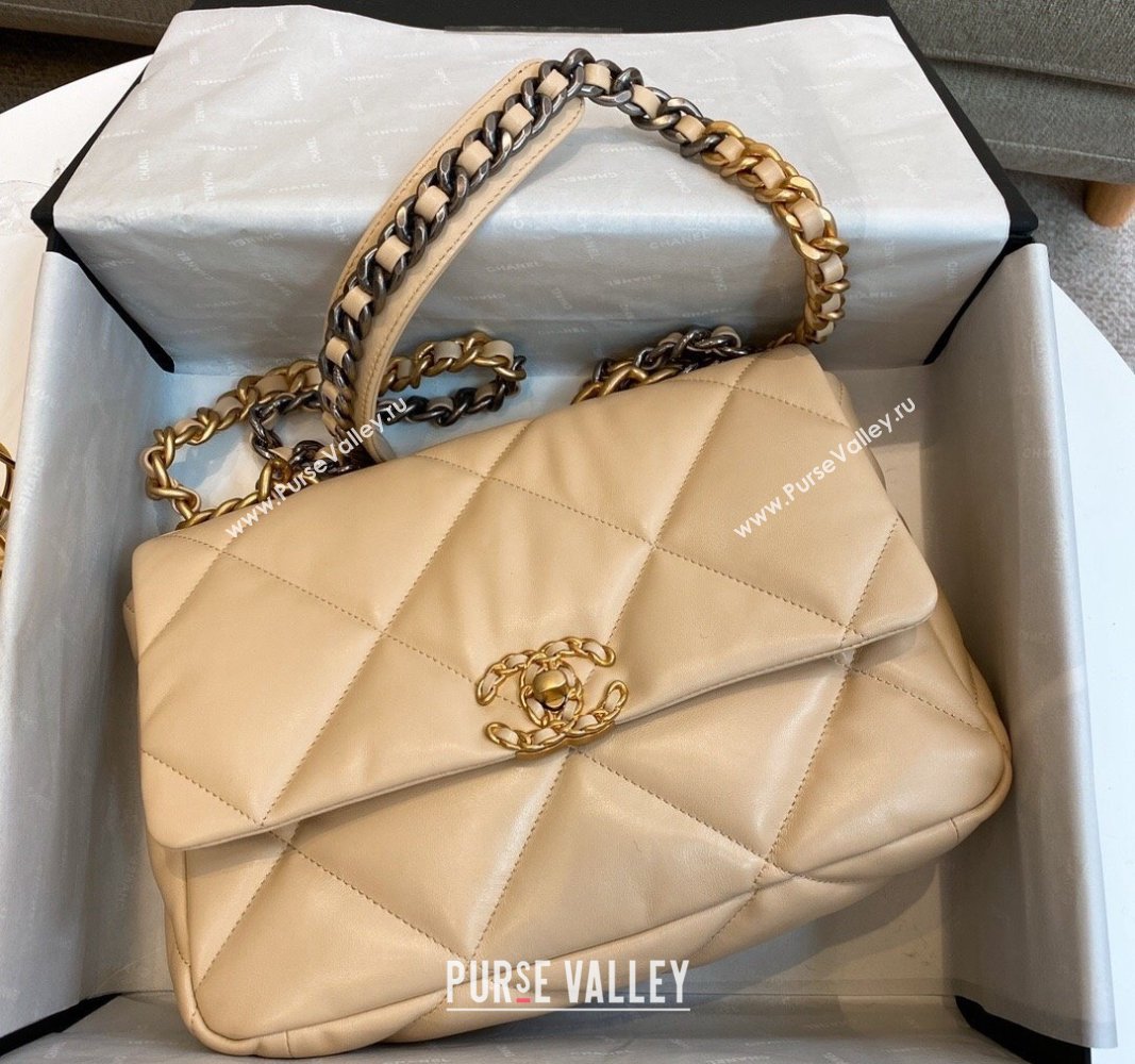 Chanel 19 Shiny Lambskin Large Flap Bag AS1161 Beige/Gold 2024 (sm-240311081)