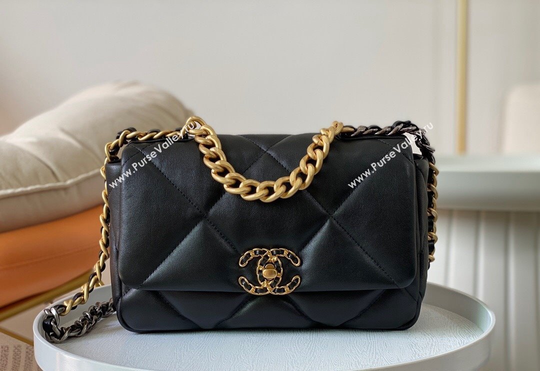 Chanel 19 Shiny Lambskin Small Flap Bag AS1160 Black/Gold 2024 (sm-240311083)