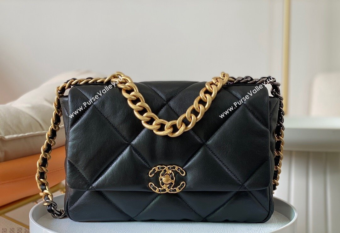 Chanel 19 Shiny Lambskin Large Flap Bag AS1161 Black/Gold 2024 (sm-240311084)