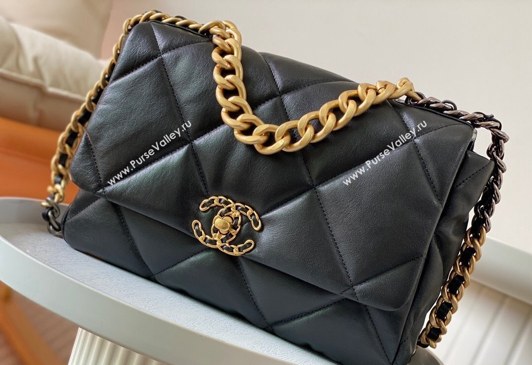 Chanel 19 Shiny Lambskin Large Flap Bag AS1161 Black/Gold 2024 (sm-240311084)