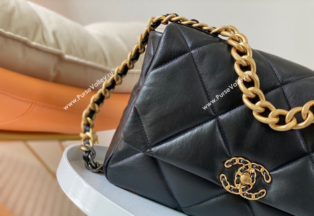 Chanel 19 Shiny Lambskin Large Flap Bag AS1161 Black/Gold 2024 (sm-240311084)