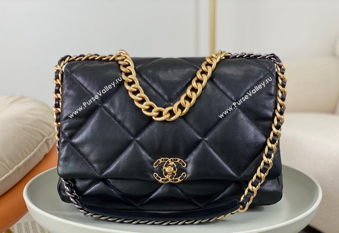 Chanel 19 Shiny Lambskin Maxi Flap Bag AS1162 Black/Gold 2024 (sm-240311085)