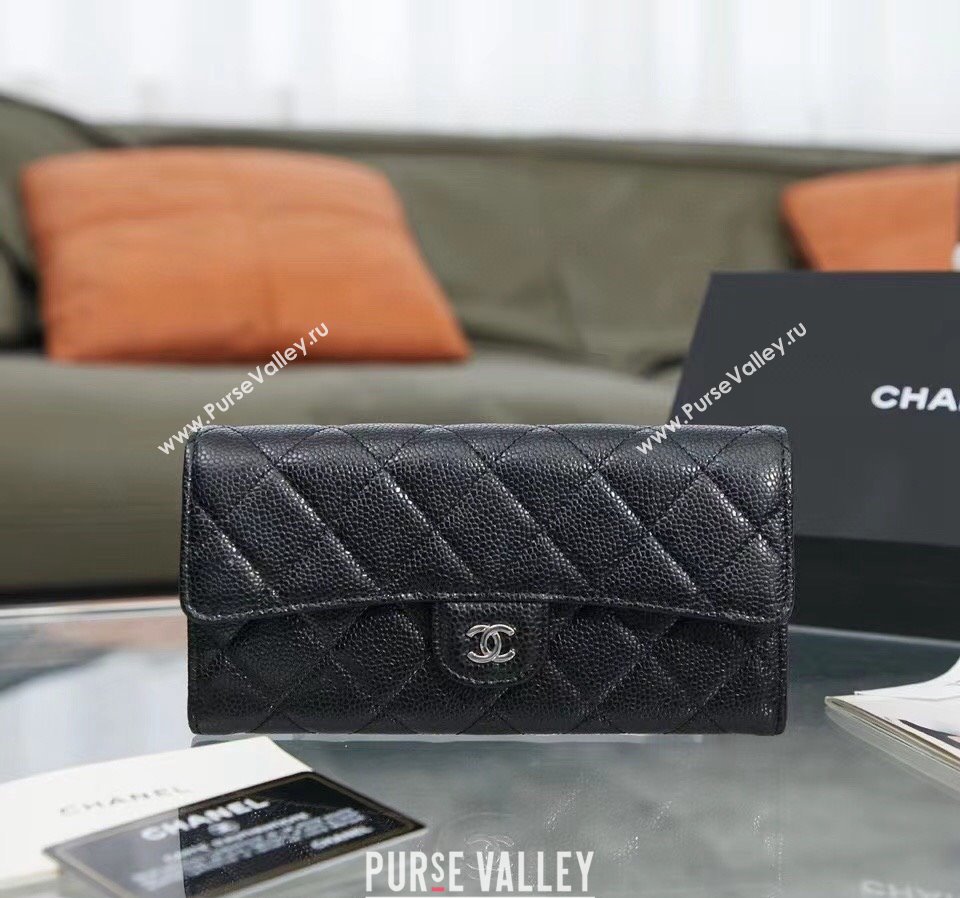 Chanel Quilted Grained Calfskin Flap Wallet AP0241 Black/Silver 2024 (SSZ-240311032)