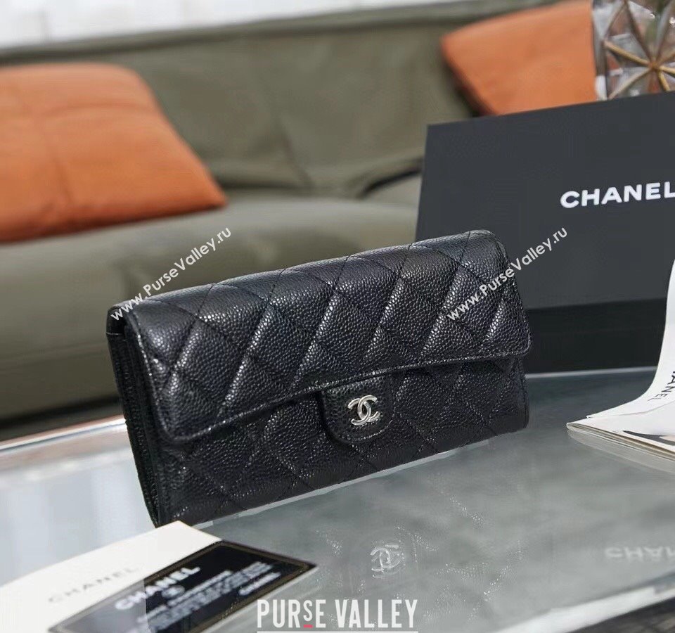 Chanel Quilted Grained Calfskin Flap Wallet AP0241 Black/Silver 2024 (SSZ-240311032)