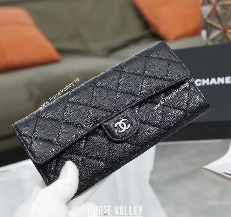 Chanel Quilted Grained Calfskin Flap Wallet AP0241 Black/Silver 2024 (SSZ-240311032)