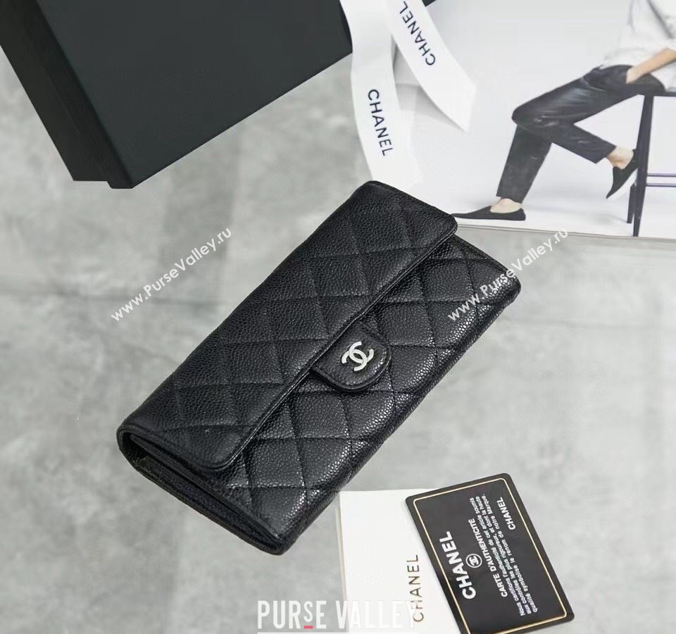 Chanel Quilted Grained Calfskin Flap Wallet AP0241 Black/Silver 2024 (SSZ-240311032)
