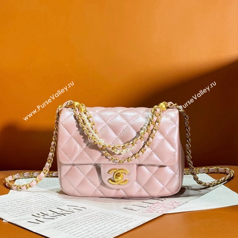 Chanel Shiny Lambskin Mini Flap Bag with Chain and Pearls AS4385 Pink 2024 (yezi-240311023)