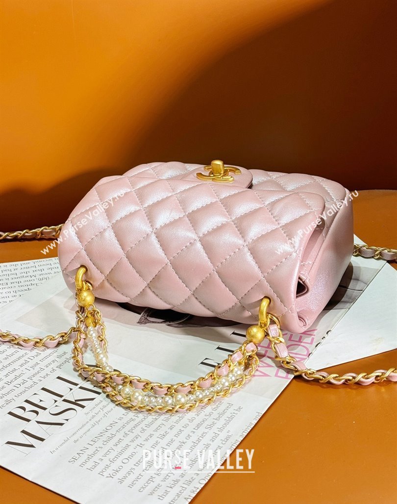 Chanel Shiny Lambskin Mini Flap Bag with Chain and Pearls AS4385 Pink 2024 (yezi-240311023)