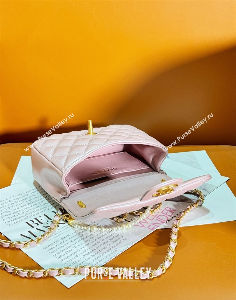 Chanel Shiny Lambskin Mini Flap Bag with Chain and Pearls AS4385 Pink 2024 (yezi-240311023)