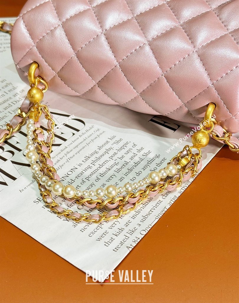 Chanel Shiny Lambskin Mini Flap Bag with Chain and Pearls AS4385 Pink 2024 (yezi-240311023)