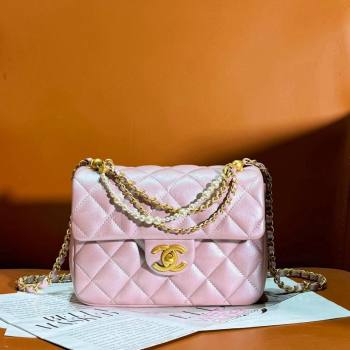 Chanel Shiny Lambskin Small Flap Bag with Chain and Pearls AS4384 Pink 2024 (yezi-240311025)