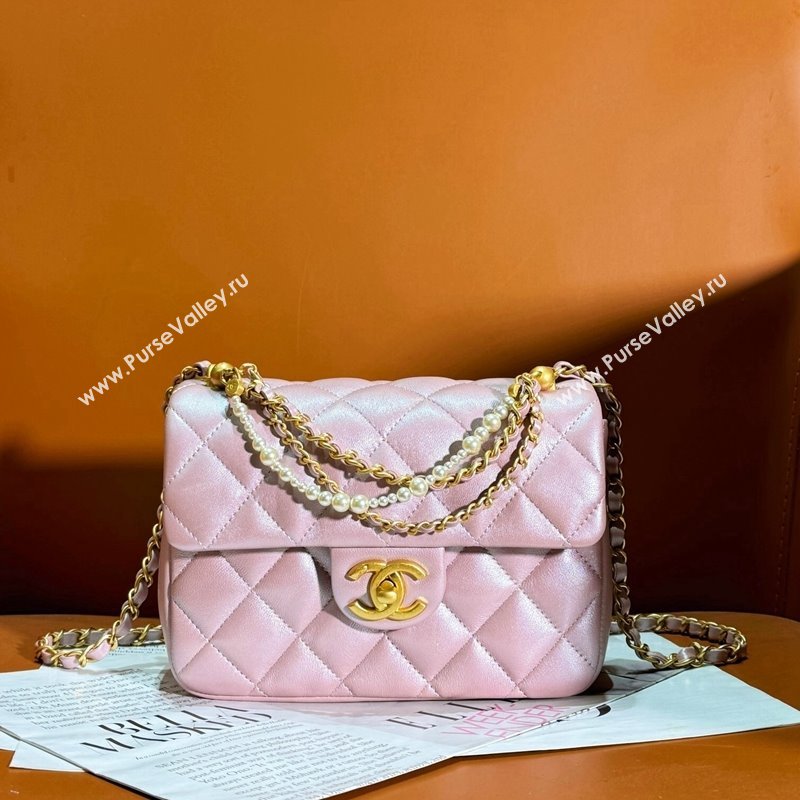 Chanel Shiny Lambskin Small Flap Bag with Chain and Pearls AS4384 Pink 2024 (yezi-240311025)