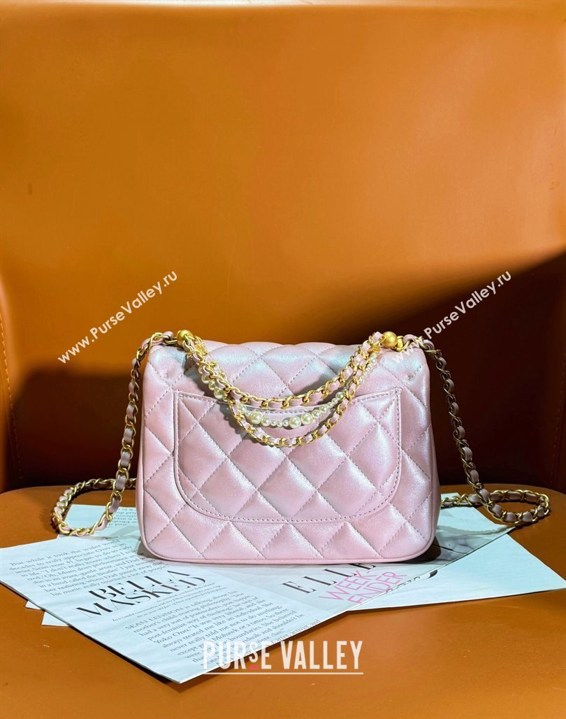 Chanel Shiny Lambskin Small Flap Bag with Chain and Pearls AS4384 Pink 2024 (yezi-240311025)