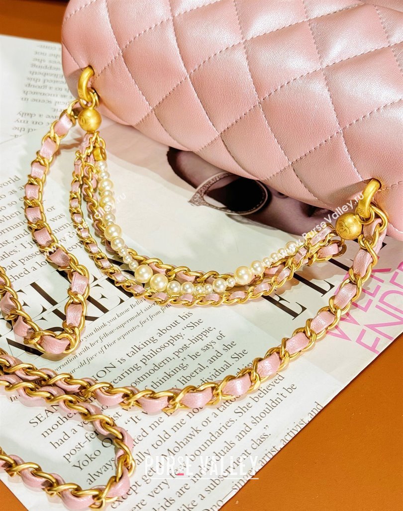 Chanel Shiny Lambskin Small Flap Bag with Chain and Pearls AS4384 Pink 2024 (yezi-240311025)