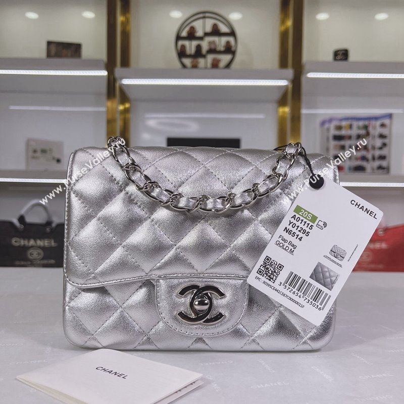 Chanel Metallic Calfskin Mini Square Flap Bag A01115 Silver 2024 0311 (YEZI-240311035)