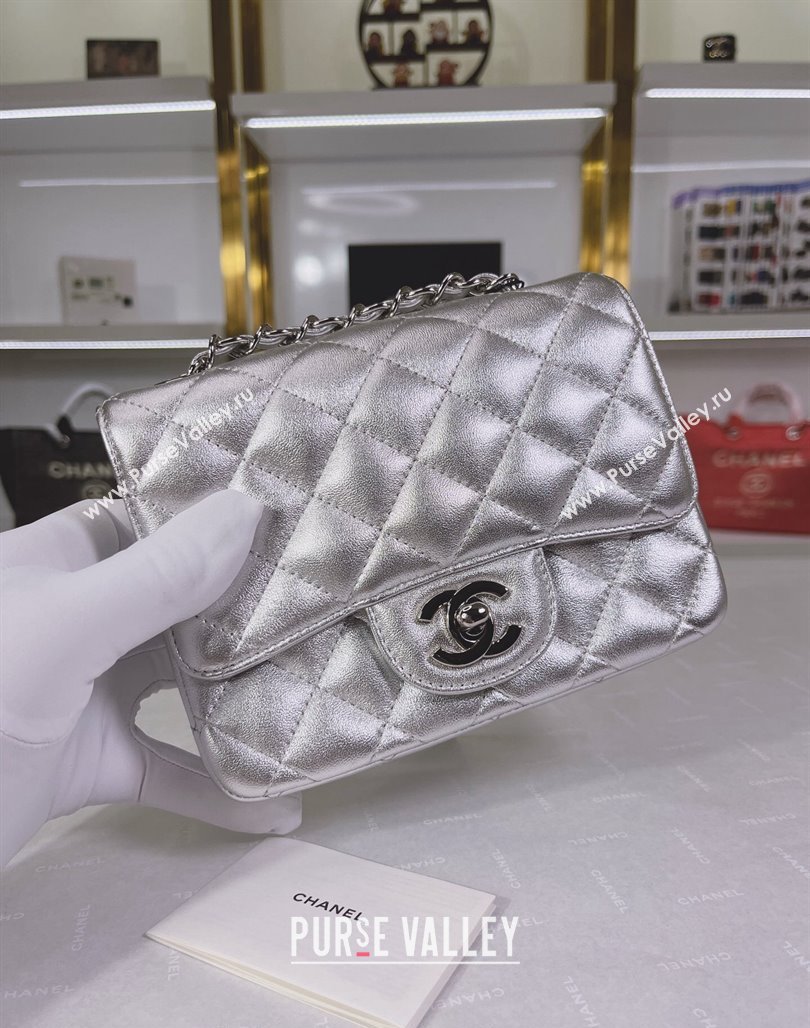 Chanel Metallic Calfskin Mini Square Flap Bag A01115 Silver 2024 0311 (YEZI-240311035)
