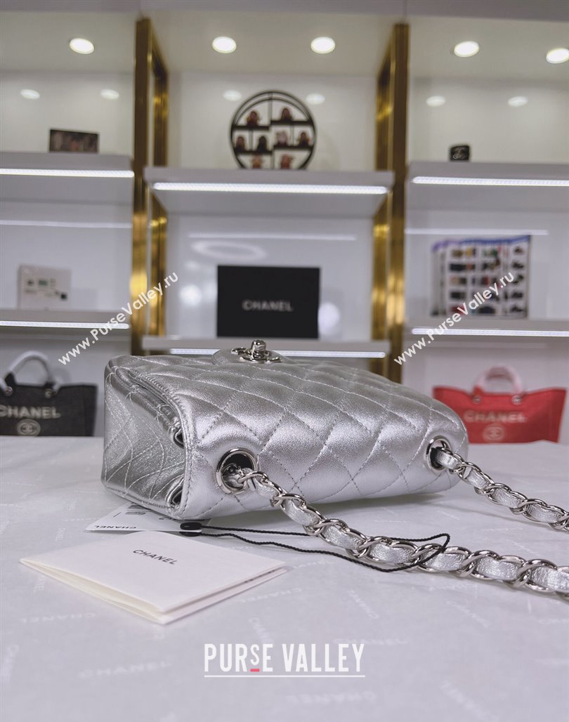 Chanel Metallic Calfskin Mini Square Flap Bag A01115 Silver 2024 0311 (YEZI-240311035)