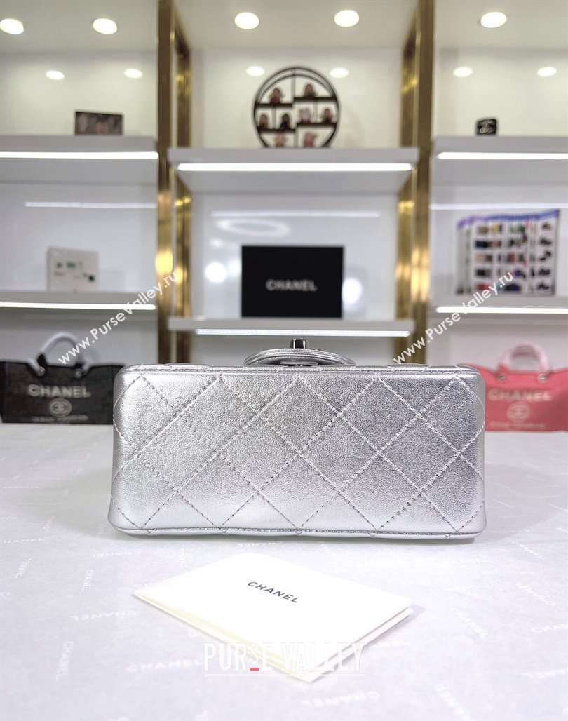 Chanel Metallic Calfskin Mini Square Flap Bag A01115 Silver 2024 0311 (YEZI-240311035)