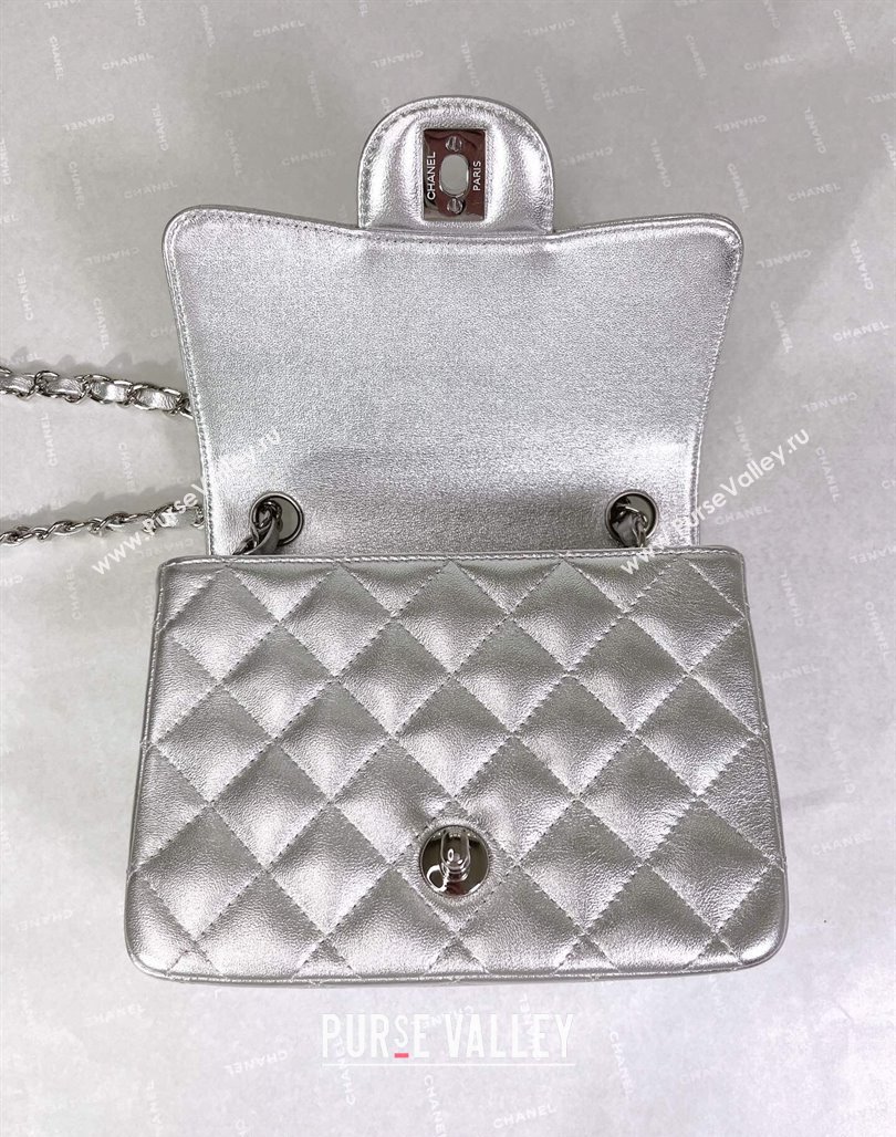 Chanel Metallic Calfskin Mini Square Flap Bag A01115 Silver 2024 0311 (YEZI-240311035)