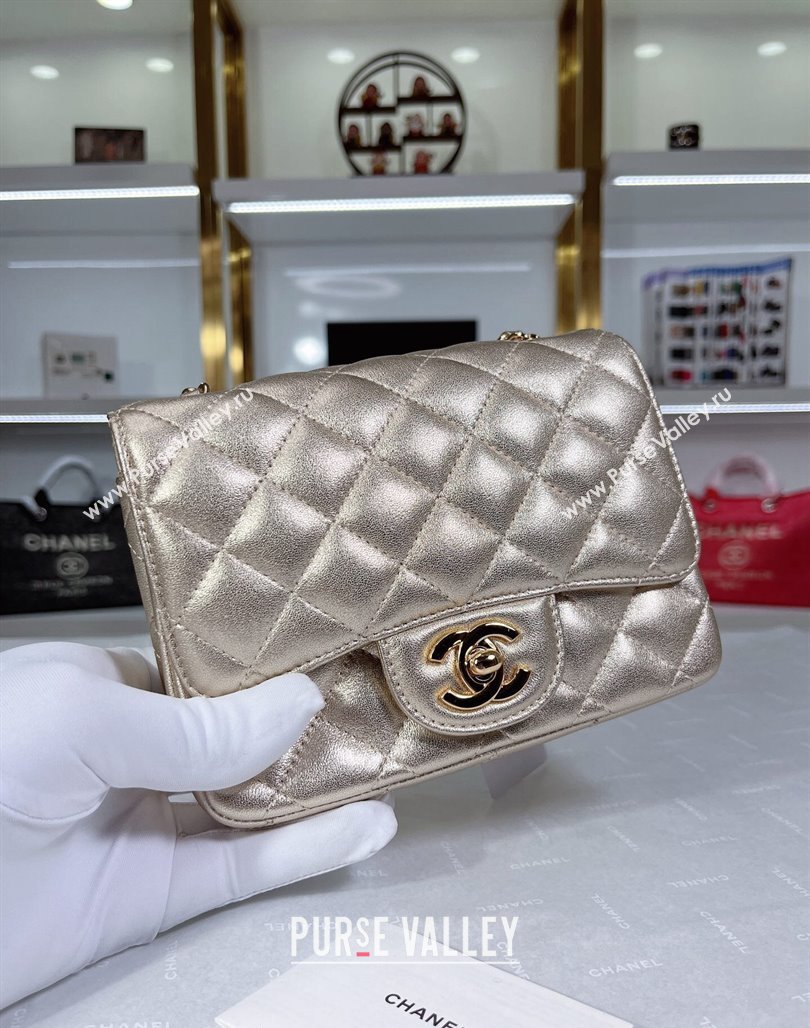 Chanel Metallic Calfskin Mini Square Flap Bag A01115 Gold 2024 0311 (YEZI-240311036)