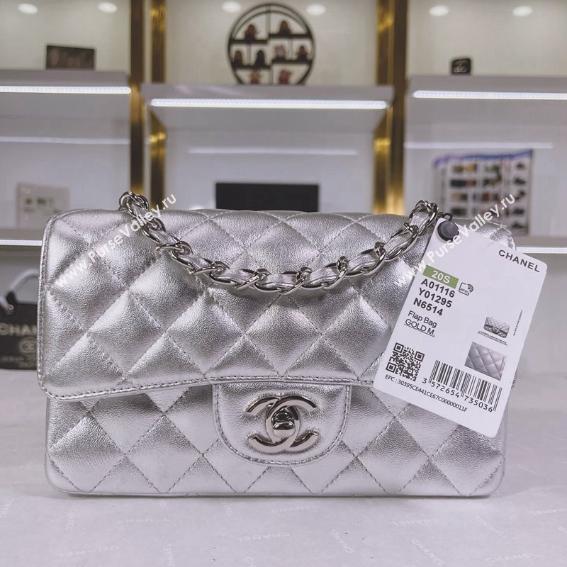 Chanel Metallic Calfskin Mini Flap Bag A01116 Silver 2024 0311 (YEZI-240311037)