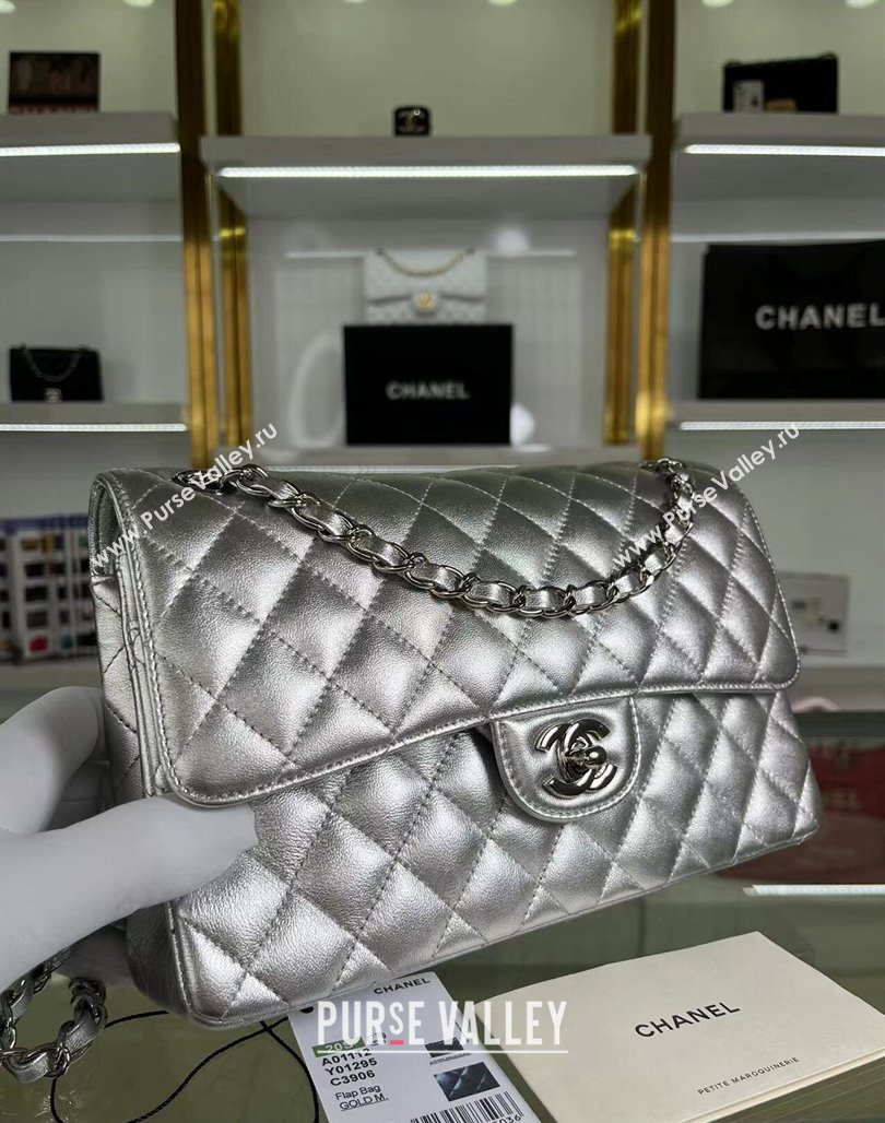 Chanel Metallic Calfskin Medium Flap Bag A01112 Silver 2024 0311 (YEZI-240311040)