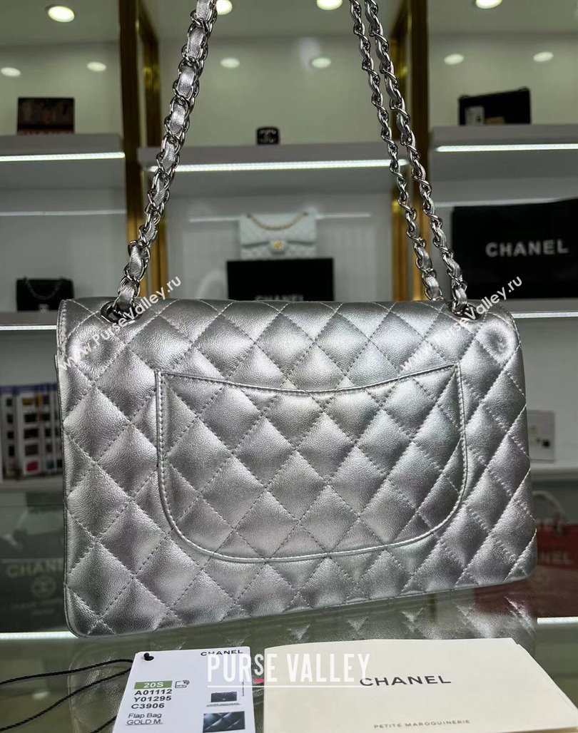 Chanel Metallic Calfskin Medium Flap Bag A01112 Silver 2024 0311 (YEZI-240311040)